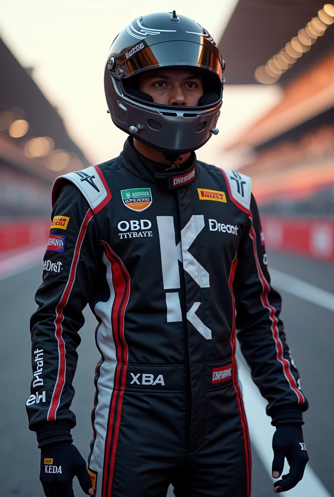  Filipino f1 driver wearing black and white tracksuit with chrome as sponsor with a large “K” on the suit