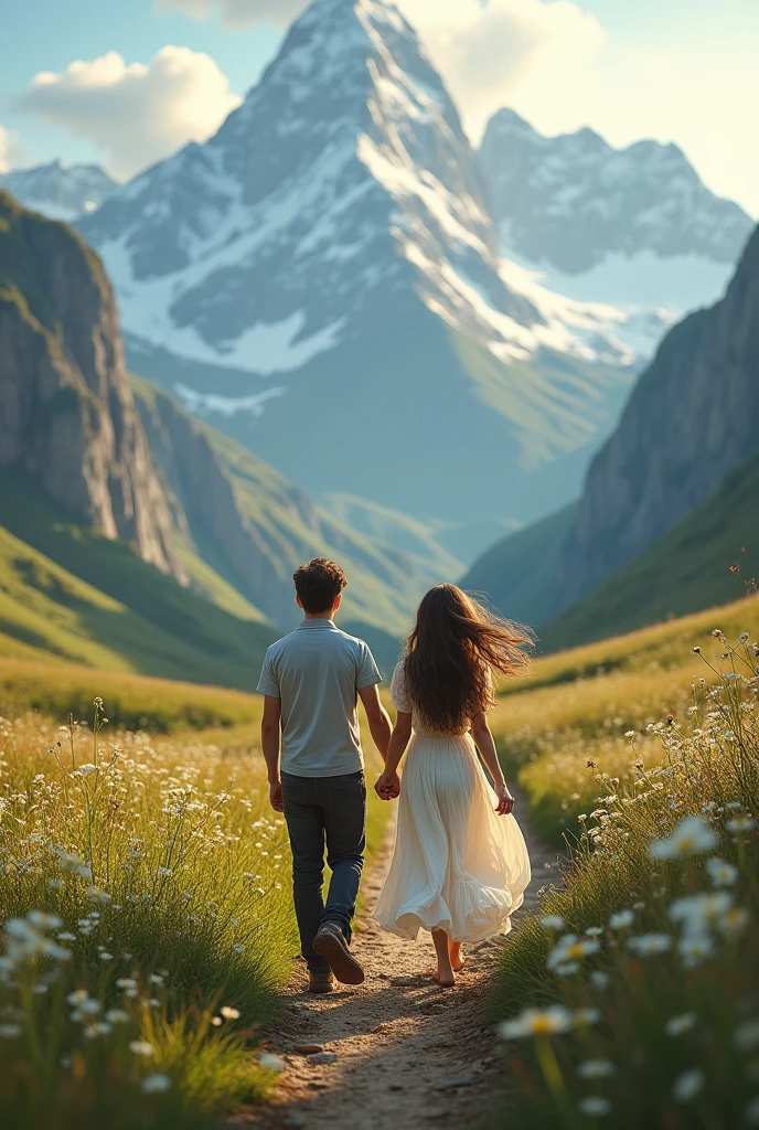 Beautiful girl walking between mountains holding hand with boy