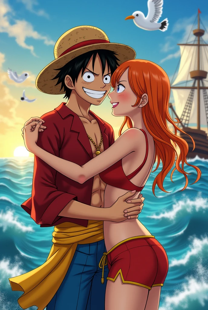 Luffy abraçando a nami