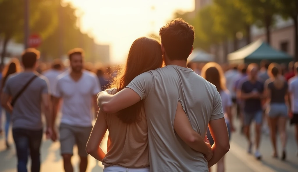 People walking happily hugging each other.