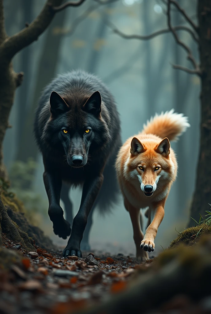 Couple of beautiful wolves, a big one with black fur, green eyes and a big alpha  (Wolf man, werewolf,big beautiful wolf)  and her companion, a strawberry-blonde wolf with amber eyes and a white tail on the tip (a beautiful woman with strawberry blonde hair and amber eyes )in a very dark forest full of trees dark forest the she wolf is running from the black wolf happily 
