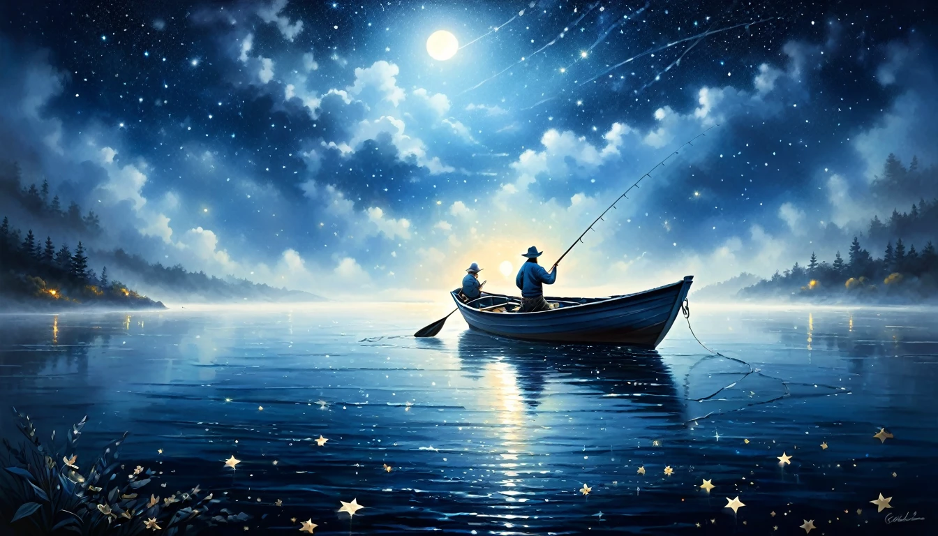 

               ( perfect anatomy )  There is a man fishing in a small boat on the sea. The fog is very thick. Dreamy fog painting. Fishing at night. Dark blue sea water. Starry sky. Moonlight leaves little starlight on the sea.(Bright stars) Deep blue gradient tones


                         High dynamic range  intricate details  cinematic visuals  art  painting-like  texture is extremely delicate, (unique style)Very detailed, fresh and elegant aesthetic style, airbrush digital oil painting, movie lighting, very beautiful, perfect composition, intricate details, Super detailed and exquisite high quality work from a master artist 
