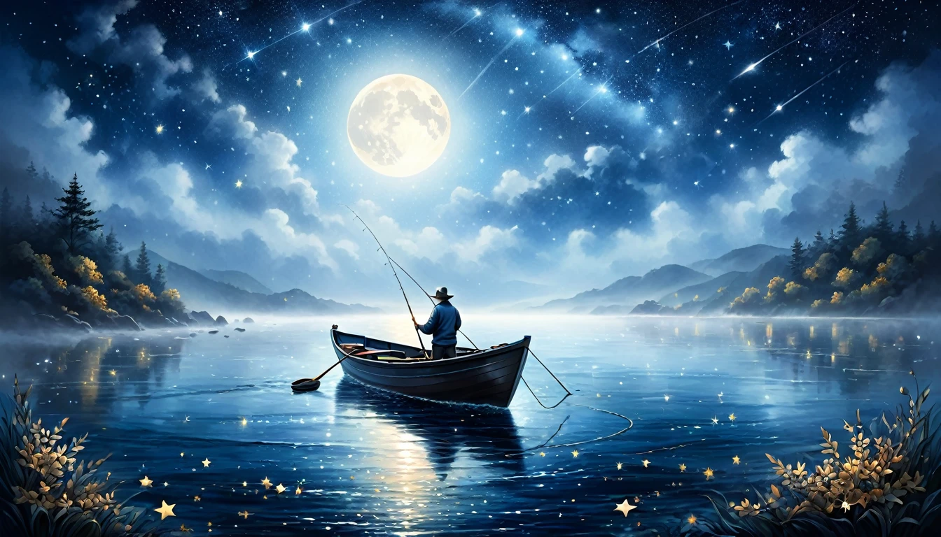 

               ( perfect anatomy )  There is a man fishing in a small boat on the sea. The fog is very thick. Dreamy fog painting. Fishing at night. Dark blue sea water. Starry sky. Moonlight leaves little starlight on the sea.(Bright stars) Deep blue gradient tones


                         High dynamic range  intricate details  cinematic visuals  art  painting-like  texture is extremely delicate, (unique style)Very detailed, fresh and elegant aesthetic style, airbrush digital oil painting, movie lighting, very beautiful, perfect composition, intricate details, Super detailed and exquisite high quality work from a master artist 