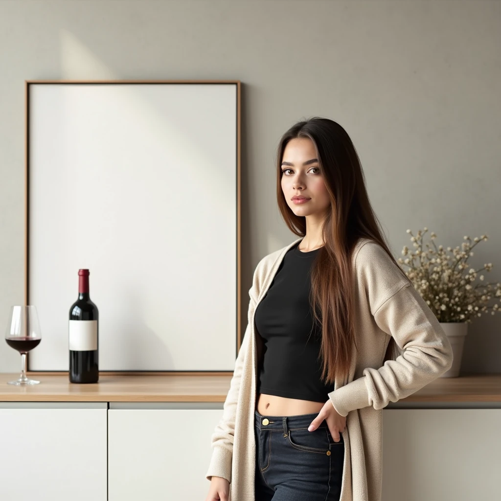 A young, attractive woman with long brown hair, wearing a casual black crop top and an open beige cardigan, stands confidently to the side in a modern kitchen. The kitchen has a minimalist design with clean lines, featuring light-colored cabinets and a smooth countertop. A thin, black wooden frame with a DIN A aspect ratio hangs on the wall beside her, showcasing a blank canvas that harmonizes with the environment. The frame is sharply in focus, emphasizing its elegant simplicity. On the countertop next to her, there’s a bottle of red wine and a glass half-filled with wine. The atmosphere is sophisticated yet relaxed, with soft lighting highlighting every detail in the scene