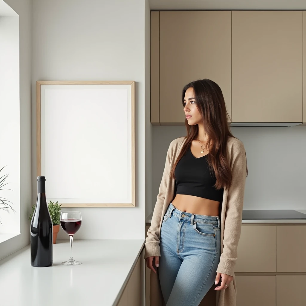  A young, attractive woman with long brown hair, wearing a casual black crop top and an open beige cardigan, stands confidently to the side in a modern kitchen. The kitchen has a minimalist design with clean lines, featuring light-colored cabinets and a smooth countertop. A thin, black wooden frame with a DIN A aspect ratio hangs on the wall beside her, showcasing a blank canvas that harmonizes with the environment. The frame is sharply in focus, emphasizing its elegant simplicity. On the countertop next to her, there’s a bottle of red wine and a glass half-filled with wine. The atmosphere is sophisticated yet relaxed, with soft lighting highlighting every detail in the scene