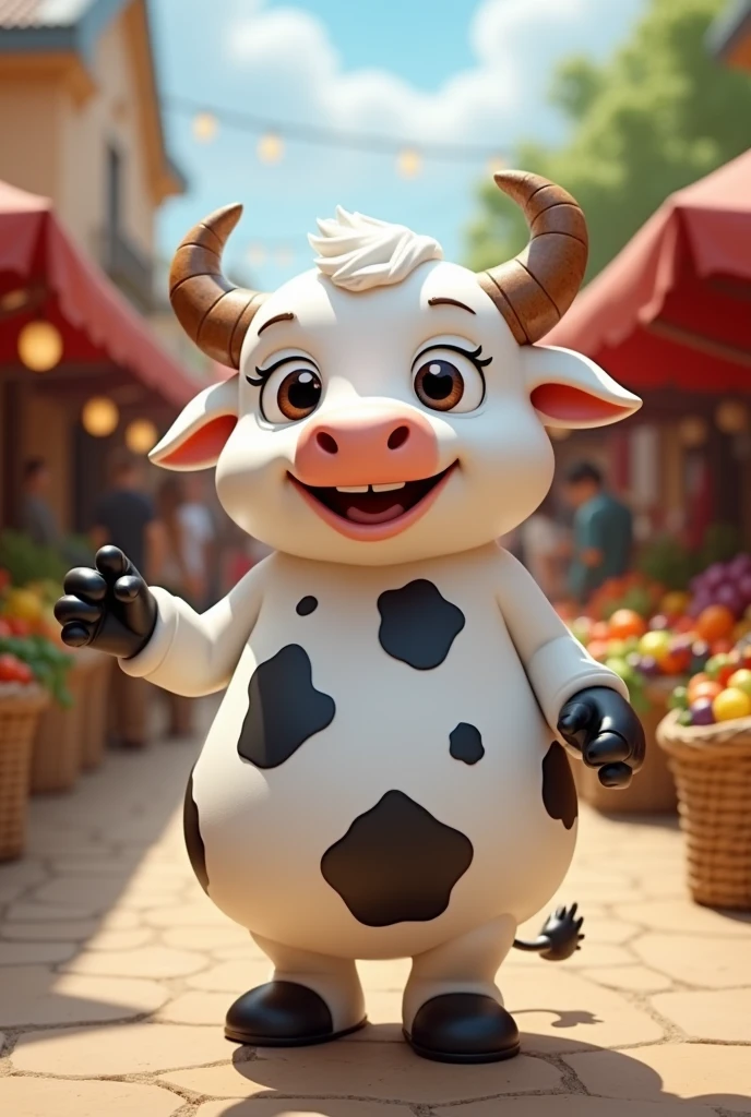 create a mascot of a white bull with black spots animated inviting us to visit with a market in the background