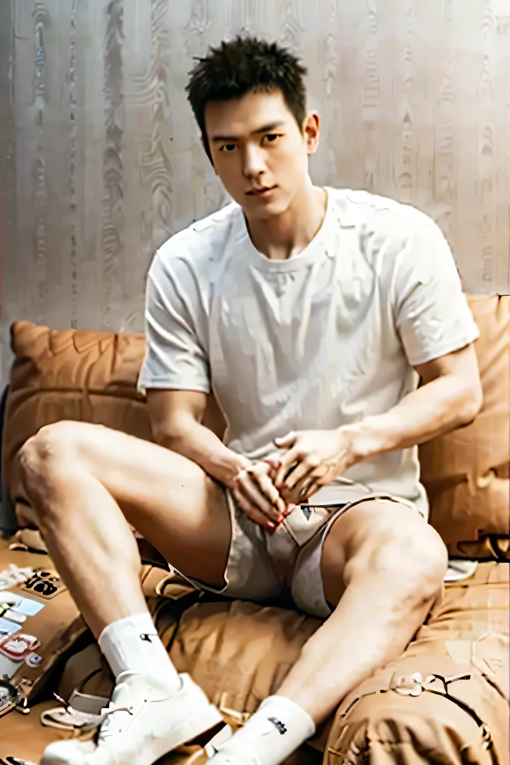 (lixian),Highest image quality，Men，Young and handsome，display，Short Flat Top Hairstyle，Solitary，Male focus，Panties，Chest muscle expansion，Crotch bulge，Open your legs，Sexy,(masterpiece, best quality),Long white socks，leather shoes,Garter，CG sense，Movie lighting effects，Bulge，Bump