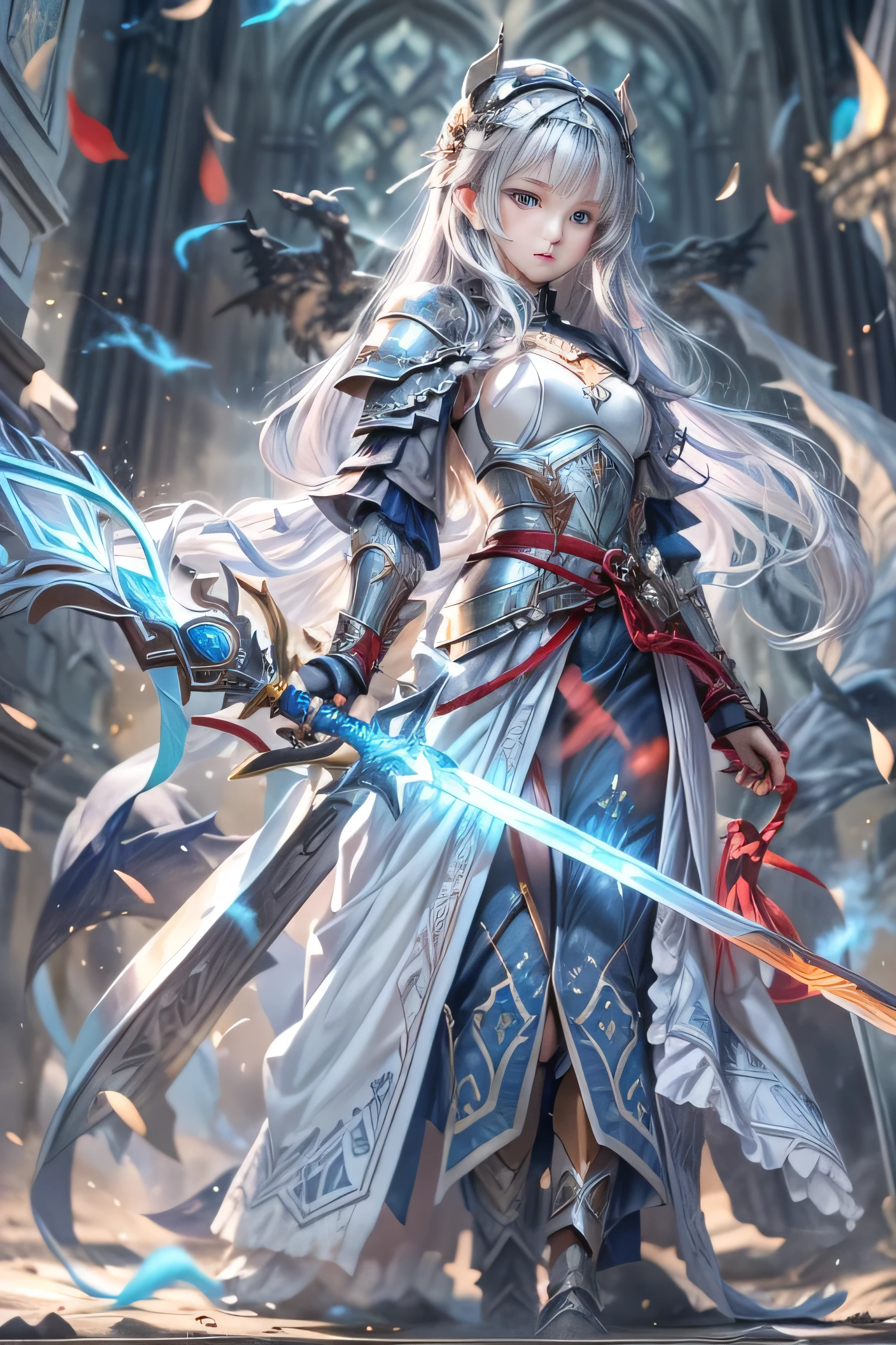 A female knight recognized by the legendary holy sword Excalibur、With the protection of the spirit of light, it emits an aura of light.、8k.Half Russian and half Japanese、Russian face、beautiful girl、A princess with the title of Dragon Slayer、、Small face、Young face、Big eyes、Skinny、Small breasts、(((Silver Hair、Silver Hair)))、With bangs、(((High resolution big beautiful light blue glowing eyes, )))、Shortcuts、Bobcut、(((Red ribbon in hair、Floral decoration)))、Partially braided、Transforms into an armored knight at the call of the holy sword Excalibur.、Large sword、A holy sword that emits a pale blue light、((god々He holds up his sword, shining a deep blue, to the sky.))、god々A sword that shines brilliantly、Magic Sword Light Shield、Armor of Light、fantasy landscape、Fantasy、(Battle with the Dark Knight、Fighting the Demons、Fighting the beastmen)A dragon knight riding a flying dragon through the sky、The sword swings down, leaving a trail of light in its wake.