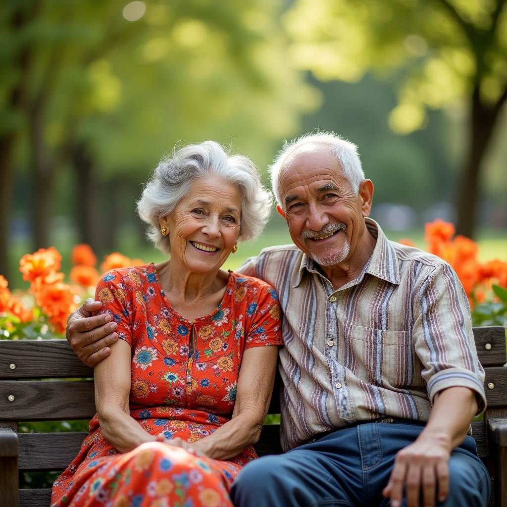 Two elderly Latin people, a woman and a man together looking at the camera with happy faces, deep wrinkles and bright eyes, well-combed gray hair, colorful traditional clothes, sitting on a wooden bench in a sunny park, leafy trees and brightly colored flowers in the background, atmosphere of warmth and lasting love, peace and satisfaction in their expressions, Photography, Sony Alpha A1 camera with 85mm f/1.4 lens, shallow depth of field, --ar 16:9 --v 5