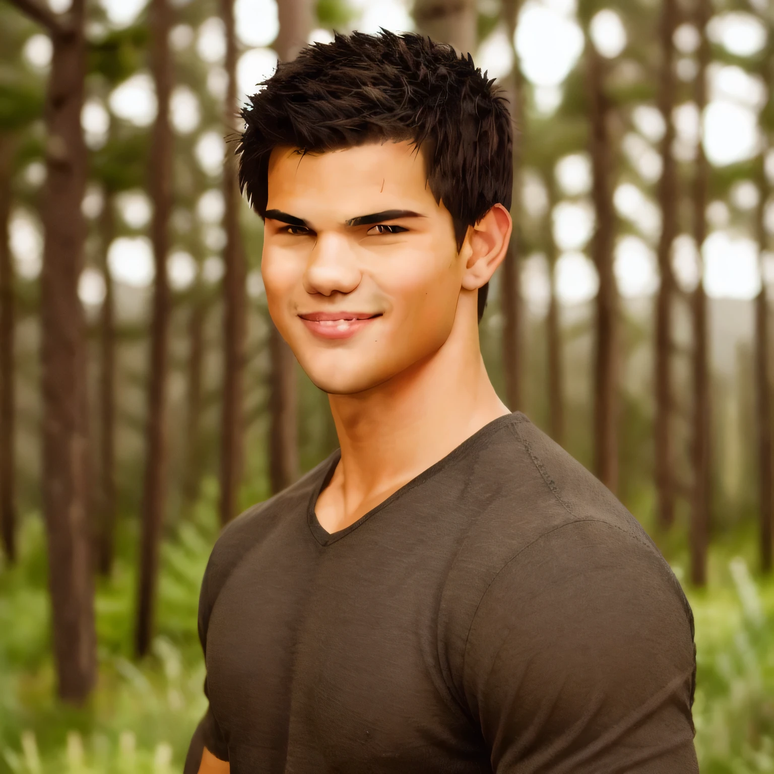 Taylor Lautner as Jacob Black in the film series "twilight", a young man with a very striking physical presence. He has tanned skin, almost coppery, that reflects its indigenous roots. Your body is muscular and well-defined, with broad shoulders and a robust torso. Jacob is tall, with a stature that commands respect.
Her hair is initially long and dark., smooth and falling to the shoulders, but at a certain point, he cuts his hair very short, which further highlights its strong and defined features. His eyes are dark and deep, conveying a mixture of intensity and kindness. Jacob has a generally serious expression, but with a warm smile that reveals his friendlier and more protective side.
The combination of your height, well developed muscles, and confident posture make him have a very striking and impressive presence..