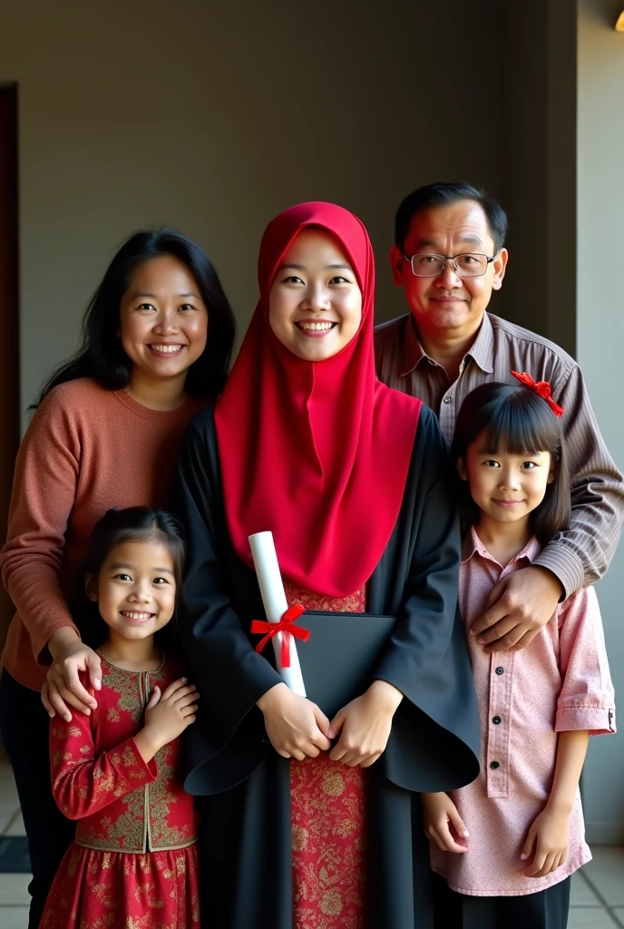 Family photo of a girl graduating wearing a red kebaya and a black toga and wearing a red headscarf carrying a diploma in her hand., attended by six members of his family, father, mother, autumn, Brother, brother and brother