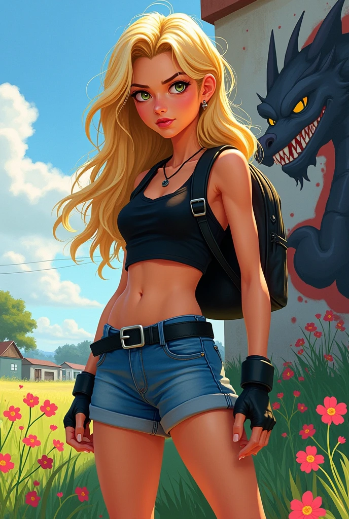 a young woman, full body, a cartoon character wearing a black sleeveless crop top and blue denim shorts, black belt, long wavy blonde hair, gloves, and 16k, hyper realistic digital in acrylic paint, watercolor, Oil with bright colors, with a meadow background with spring flowers and graffiti on the wall, a painting of a fierce dragon in graffiti, more realistic, with a backpack on his back,