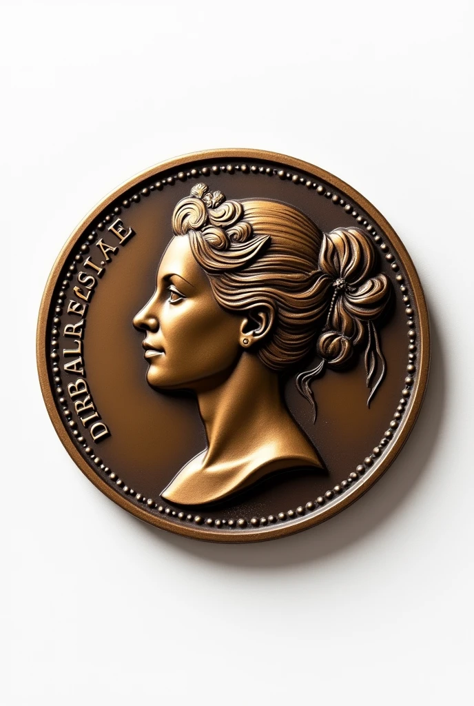 bronze coin on a white background, the coin has the image of a woman from the side.,