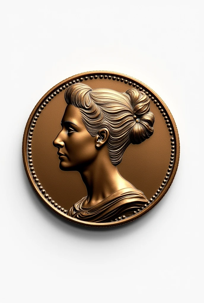 bronze coin on a white background, the coin has the image of a woman from the side.,