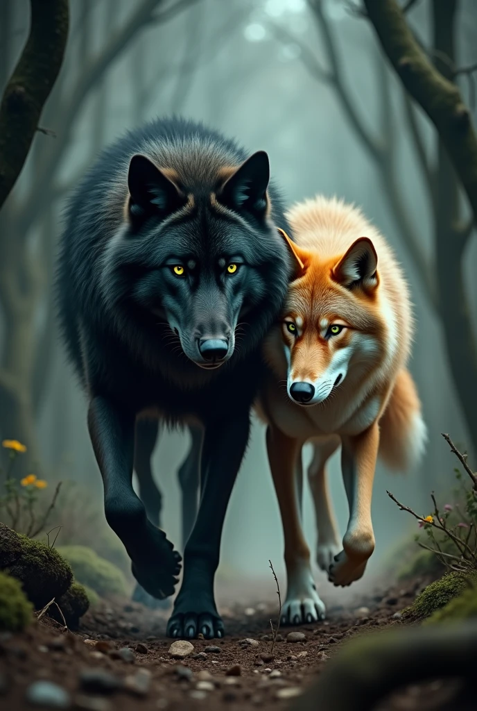 Couple of beautiful wolves, a big one with black fur, green eyes and a big alpha (Wolf man, werewolf,big beautiful wolf) and her companion, a strawberry-blonde wolf with amber eyes and a white tail on the tip (a beautiful woman with strawberry blonde hair and amber eyes )in a very dark forest full of trees dark forest the she wolf is running from the black wolf happily