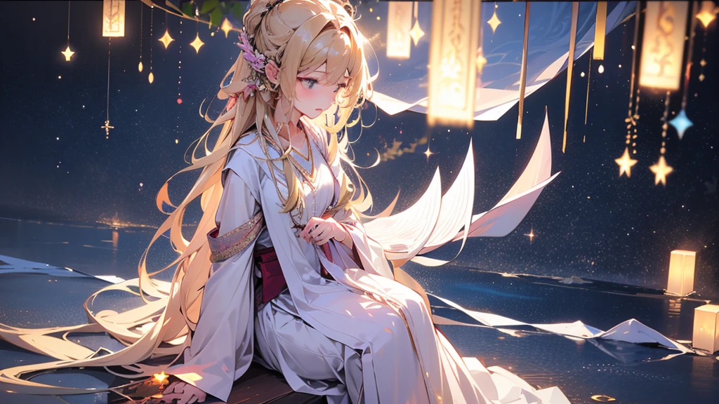 In a vast, fantastical forest、On the shores of a magical crystal lake、A girl with blonde hair is sitting。Her hair flows like waves of golden light、It's swaying in the wind。She is wearing an intricately decorated white dress、The hem of the dress lightly touches the lake surface.。
In the center is、A large elven-style harp is placed on which the girl is seated.。This harp is、It is inlaid with intricate carvings and precious stones.、It shines as if it were alive.。The strings of the harp、It curves gracefully while emitting a faint light.、Swaying gently to the flow of the music。Behind the harp、The design is elven-like and in harmony with nature.、葉Flowersの模様が繊細に彫り込まれています。
The girl was playing music with the harp, putting all her strength into it.、Every time her fingers touched the strings、A streak of light travels along the string and spreads into the air.。In the surrounding area、Generated by the musical magic of the harp、Sparkling stardust and fantastic particles of light float about.、It's as if the music shapes the space.。
On the surface of the lake、The light from the harp reflects off the light, creating a fantastic pattern.、Trees in the forest々Flowers々Also illuminated by that light、The atmosphere is like being in a dream.。Pale purple and pink clouds spread across the sky.、A soft star in the distant sky々blinked、The music creates a magical night.。