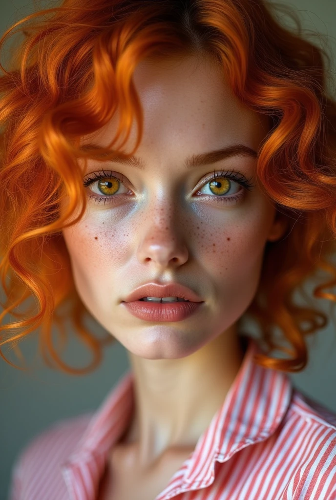 Beautiful woman with orange curly hair, yellow eyes, freckles on her skin, wearing a pink striped shirt