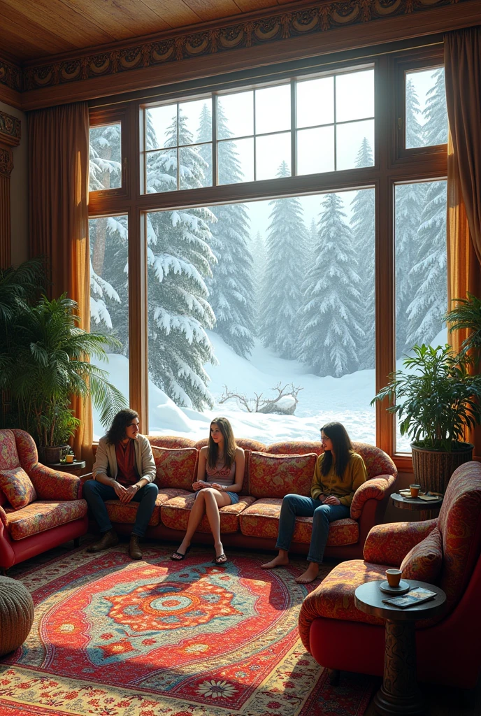 Luxurious 60s hippie style living room, large windows showing the blizzard outside, landscape
