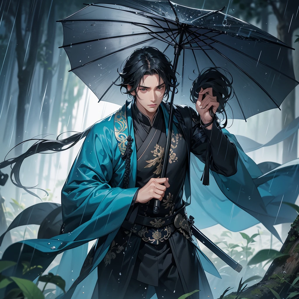 A Handsome black-hair male holding a large sword in blue-black ancient chinese costume, close up.
Stand holding an umbrella to protect from the rain. Rain fell and splashed around. There are water droplets falling on the leaves in the surrounding area, green and moist, the atmosphere after rain.