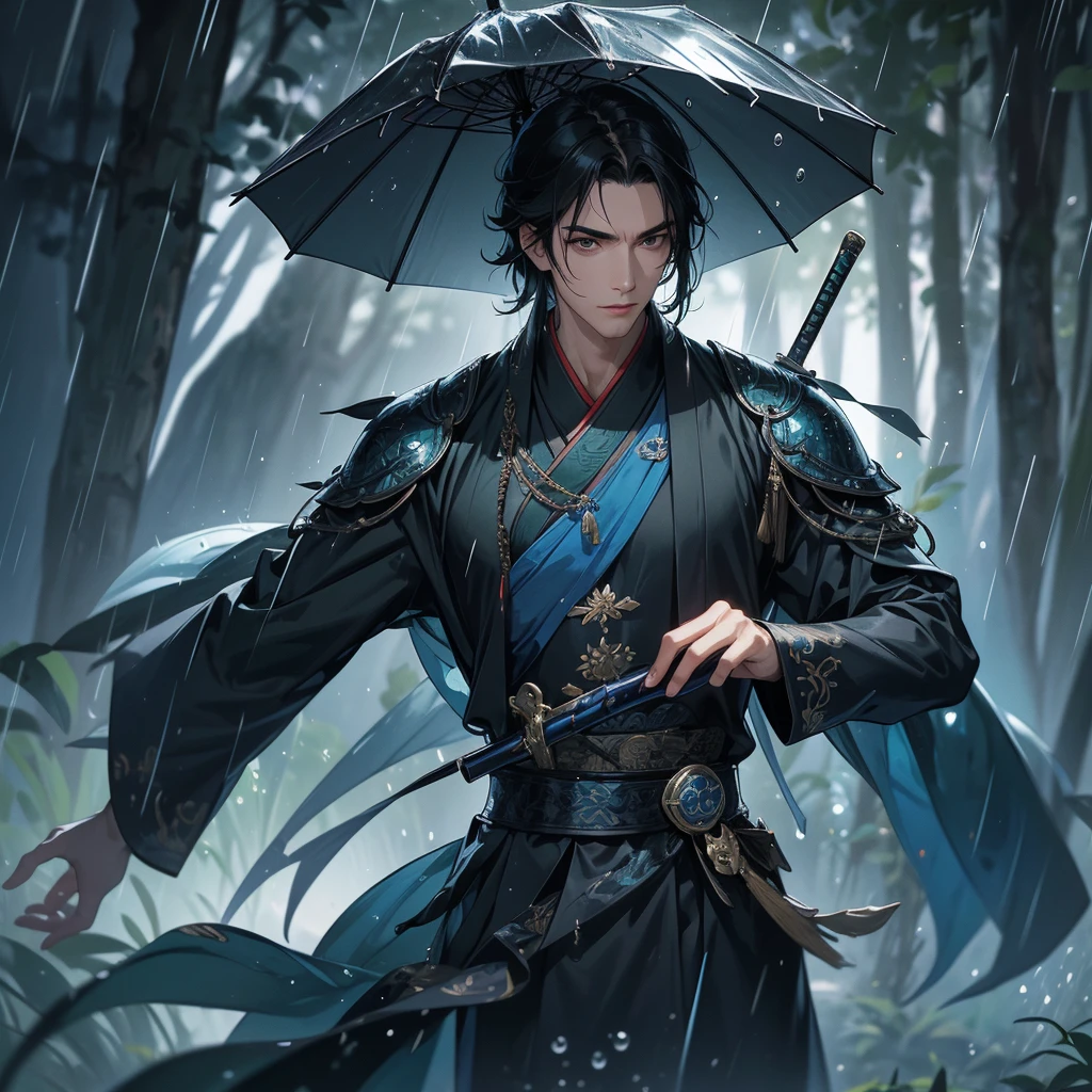 A Handsome black-hair male holding a large sword in blue-black ancient chinese costume, close up.

Stand holding an umbrella to protect from the rain. Rain fell and splashed around. There are water droplets falling on the leaves in the surrounding area, green and moist, the atmosphere after rain.
