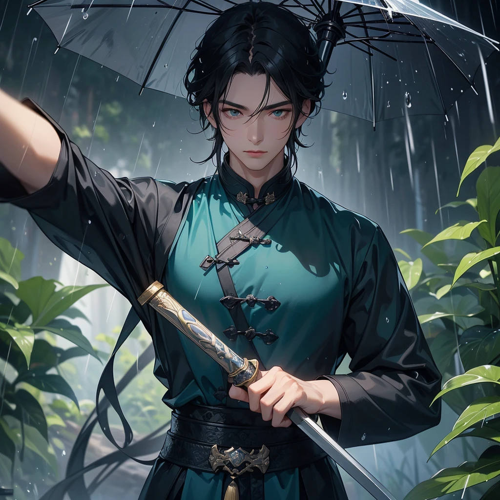 A Handsome black-hair male holding a large sword in blue-black ancient chinese costume, close up.

Stand holding an umbrella to protect from the rain. Rain fell and splashed around. There are water droplets falling on the leaves in the surrounding area, green and moist, the atmosphere after rain.