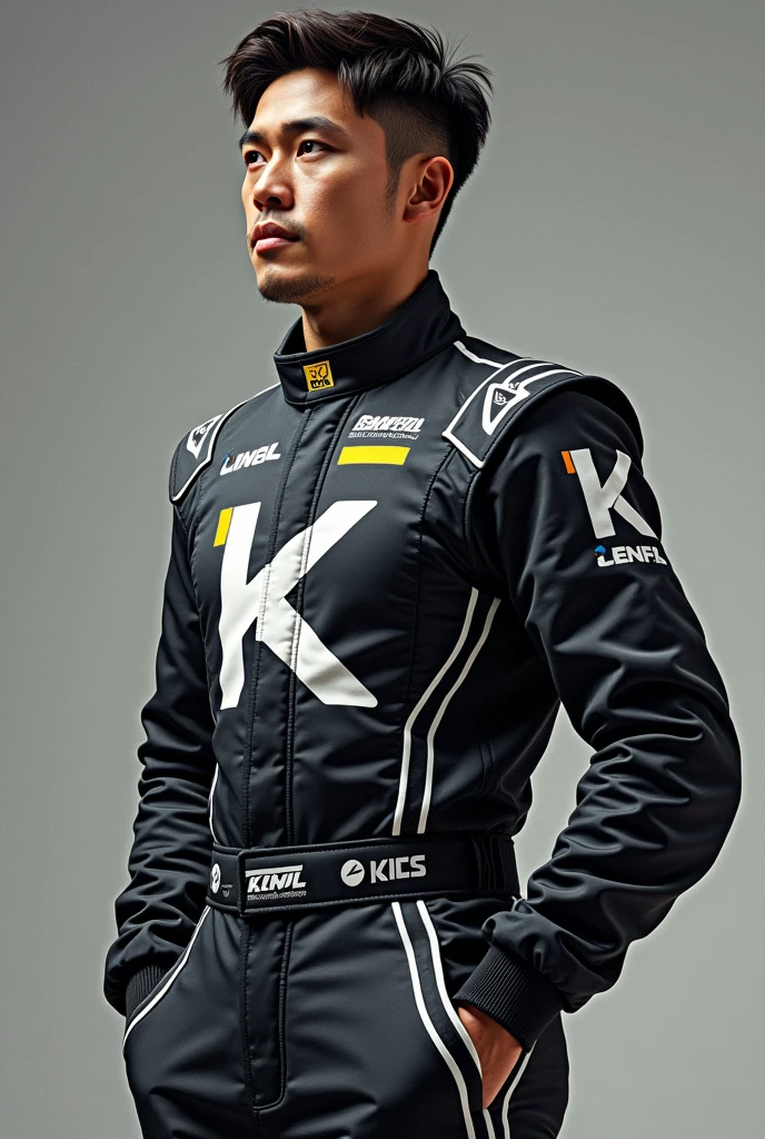 Filipino f1 driver wearing black and white tracksuit with chrome as sponsor with a large “K” on the suit (no helmet)