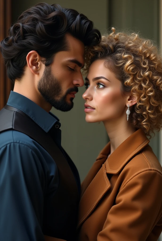 A dark-haired man with well-hydrated curly hair cut in a gradient style, with characteristic features of ancient men having a well-defined jaw, clean shaven black eyes in a black vest and navy blue dress shirt seducing a young woman with curly blond hair in caramel-colored stitches with green eyes and a red coat The boy wears a diamond earring. His beard is a little more voluminous