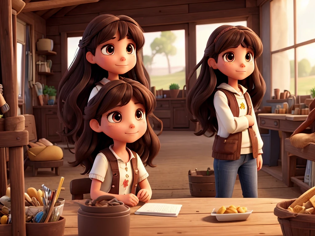 I need a colored illustration showing a talking to her mom and dad. A has fair skin, long hair in dark brown color, dark shaped eyes, with bangs. Everyone is on a farm.