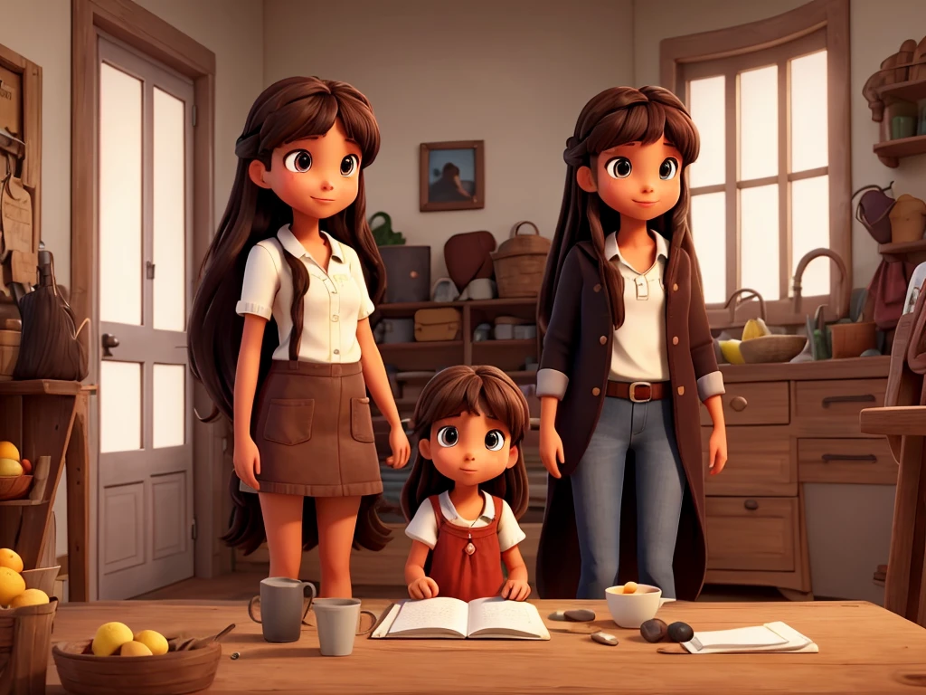 I need a colored illustration showing a  talking to her mom and dad. A has fair skin, long hair in dark brown color, dark shaped eyes, with bangs. Everyone is on a farm. 