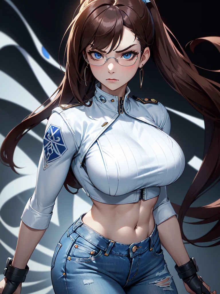 (((Portrait Photo))), She has the Appearance of a Regal and Elegant Teenager, with a Strong, Muscular Build that Commands Respect. She has Long, Straight Brown Hair Tied in a High, Oversized Ponytail, Keeping it Neat and Out of Her Face. Her Light Blue Eyes are Filled with Stormy Determination and a Hint of Fury, Giving Her a Fierce and Powerful Demeanor. Her Expression is Stern and Resolute, with a Tense Jaw and Piercing Gaze, Conveying a Sense of Heavenly Pride. (((Portrait Photo))),(((Dark Background))), (((Clear Glasses))), (((White Crop Top))), (((Open Denim Jacket that Reveals a Hint of Her Midriff)))
