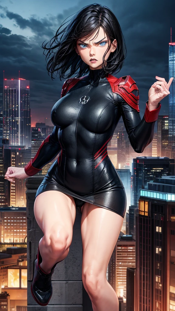 Short black hair, blue eyes, angry expression, city background