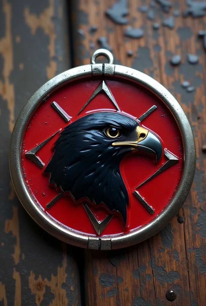 (((A round red charm or tag with a silver border and a black falcon head on the charm or tag.)) 