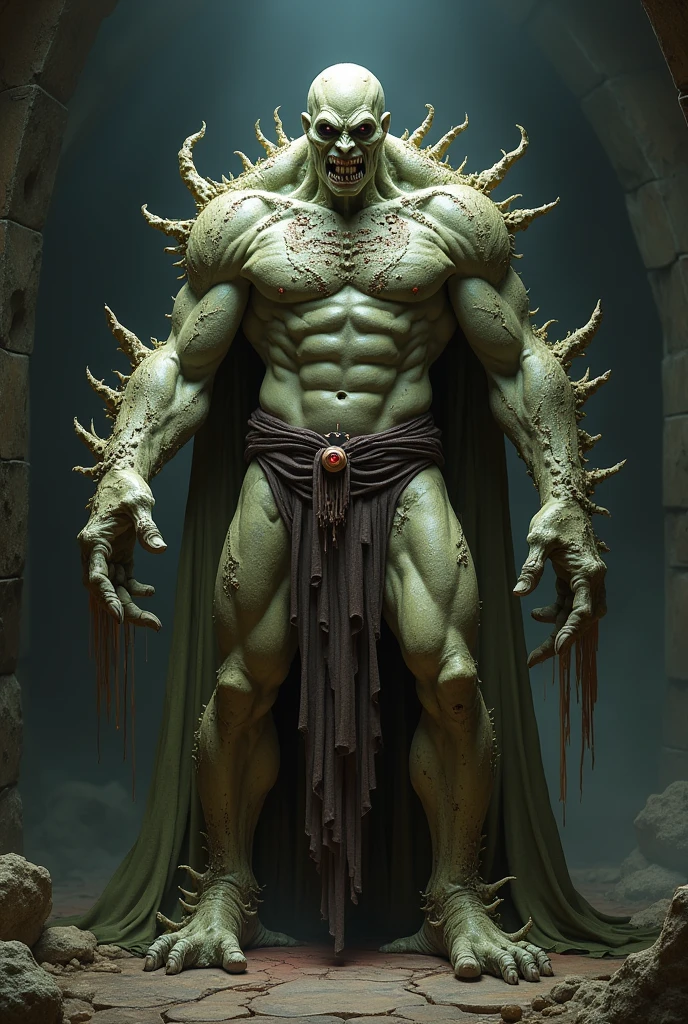 Strong, muscular villain with a fungus-covered body and a decaying appearance, like putrefaction and dead flesh. Evil and soulless look