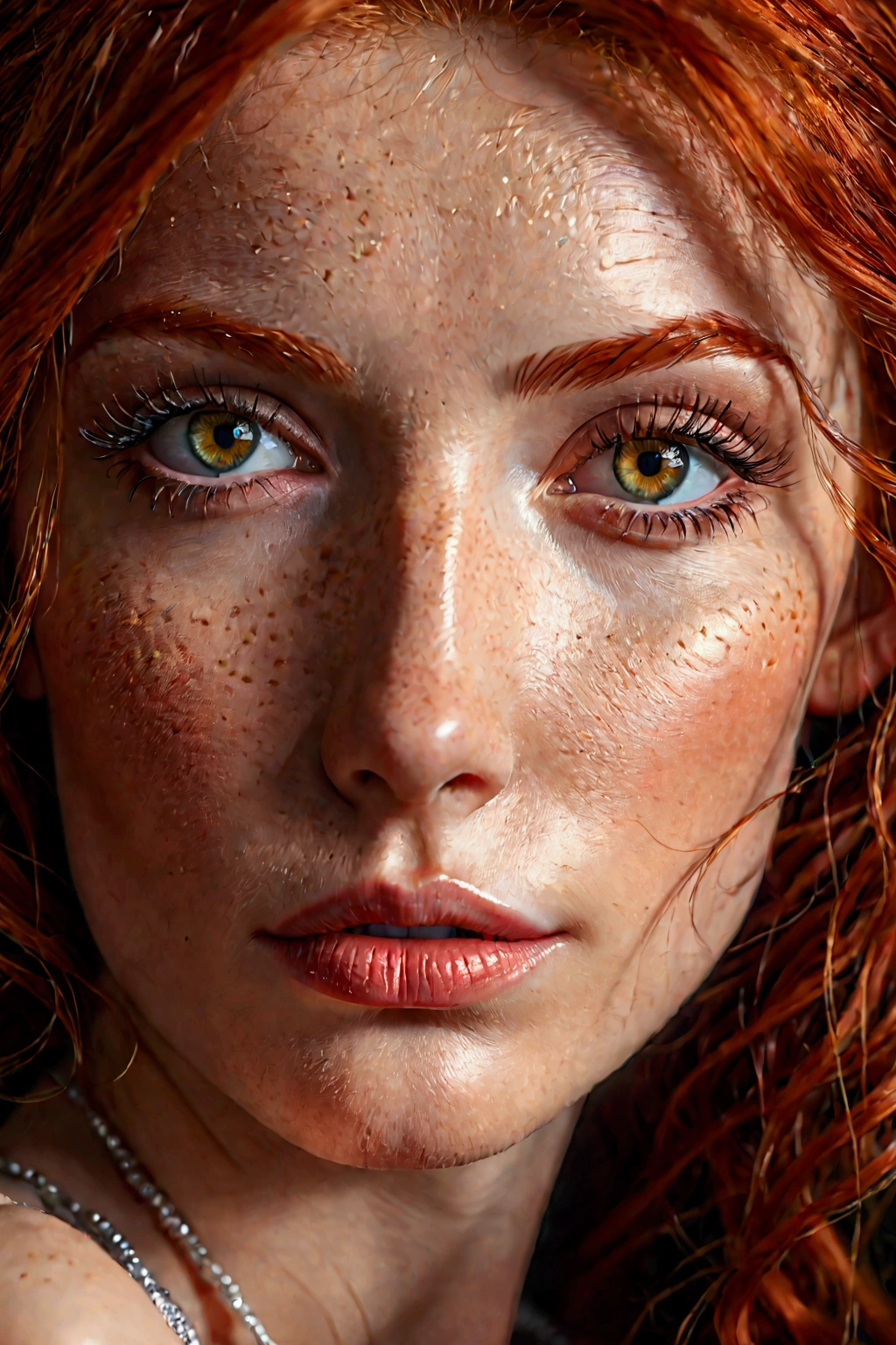 redhead woman, beautiful detailed eyes, beautiful detailed lips, extremely detailed face and skin, long eyelashes, beautiful woman, portrait, high quality, 4k, 8k, photorealistic, studio lighting, ultra-detailed, realistic, hyperrealistic, award winning, vibrant colors, cinematic lighting, dramatic lighting, epic scale, detailed background