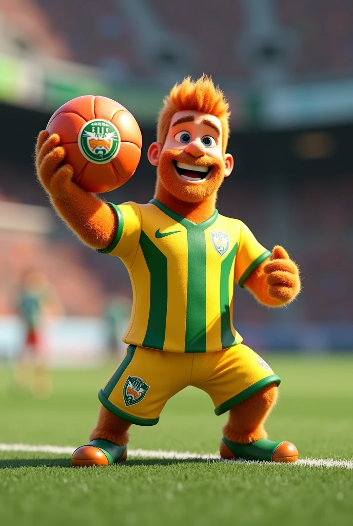 Make a picture of a churro (food) in 3D animation, This churro must be playing a soccer game, You have to have a happy face, must have the Atlético Bucaramanga uniform, the shirt is yellow, with three green lines vertically and the shield is half yellow and half green and in the middle of it has a white jaguar roaring, The shorts are yellow and have green edges on the right side and have a jaguar., The ball must be orange and red and must say churfruits, The churro must be lifting the ball, The churro should be big and a little muscular and has to have masculine features.