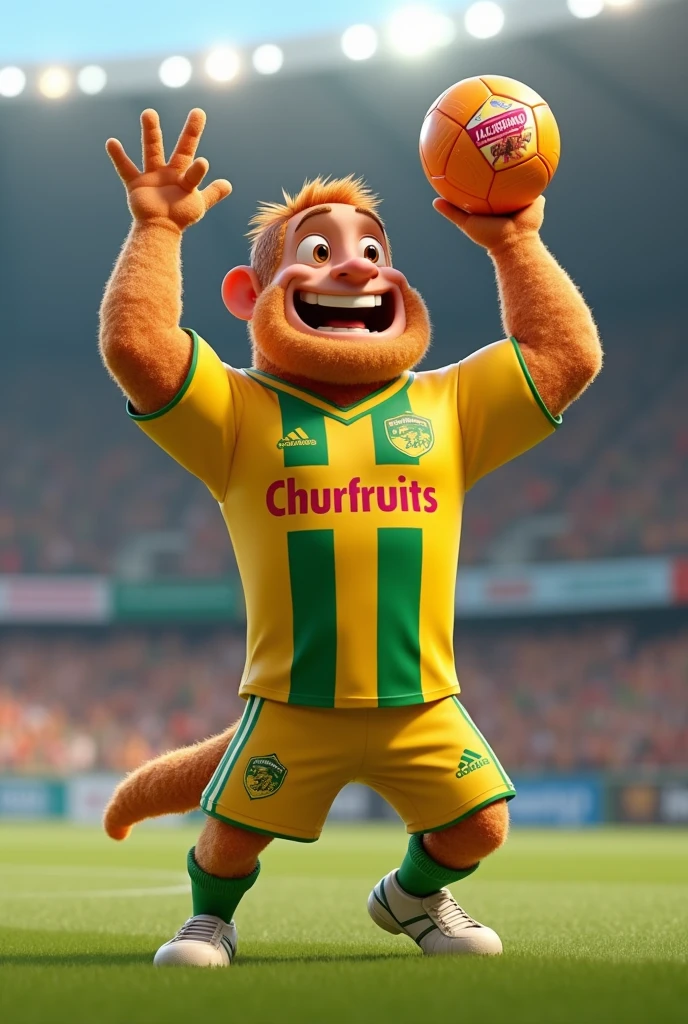 Make a picture of a churro (food) in 3D animation, This churro must be playing a soccer game, You have to have a happy face, must have the Atlético Bucaramanga uniform, the shirt is yellow, with three green lines vertically and the shield is half yellow and half green and in the middle of it has a white jaguar roaring, The shorts are yellow and have green edges on the right side and have a jaguar., The ball must be orange and red and must say churfruits, The churro must be lifting the ball, The churro should be big and a little muscular and has to have masculine features.