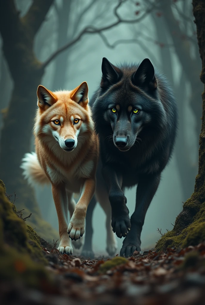 Couple of beautiful wolves, a big one with black fur, green eyes and a big alpha  (Wolf man, werewolf,big beautiful wolf)  and her companion, a strawberry-blonde wolf with amber eyes and a white tail on the tip (a beautiful woman with strawberry blonde hair and amber eyes )in a very dark forest full of trees dark forest the she wolf is running from the black wolf happily 
