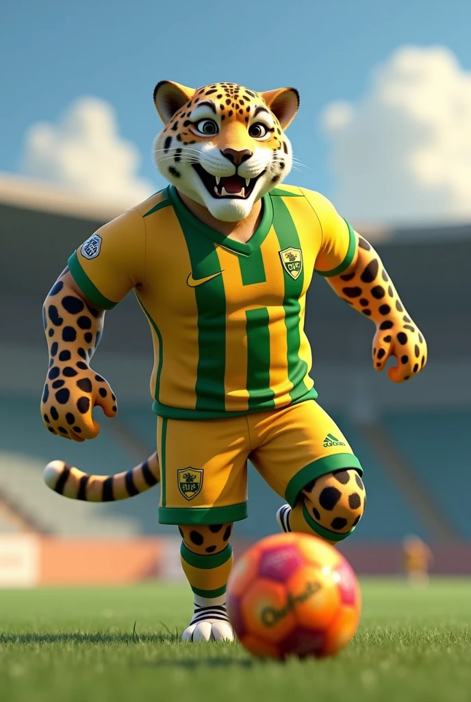 Create an image of a jaguar in 3D animation, This jaguar must be playing a soccer game, You have to have a happy face, must have the Atlético Bucaramanga uniform, the shirt is yellow, with three green lines vertically and the shield is half yellow and half green and in the middle of it has a white jaguar roaring, The shorts are yellow and have green edges on the right side and have a jaguar., The ball must be orange and red and must say churfruits, The Jaguar must be lifting the ball, The jaguar should be large and somewhat muscular and has to have masculine features. 