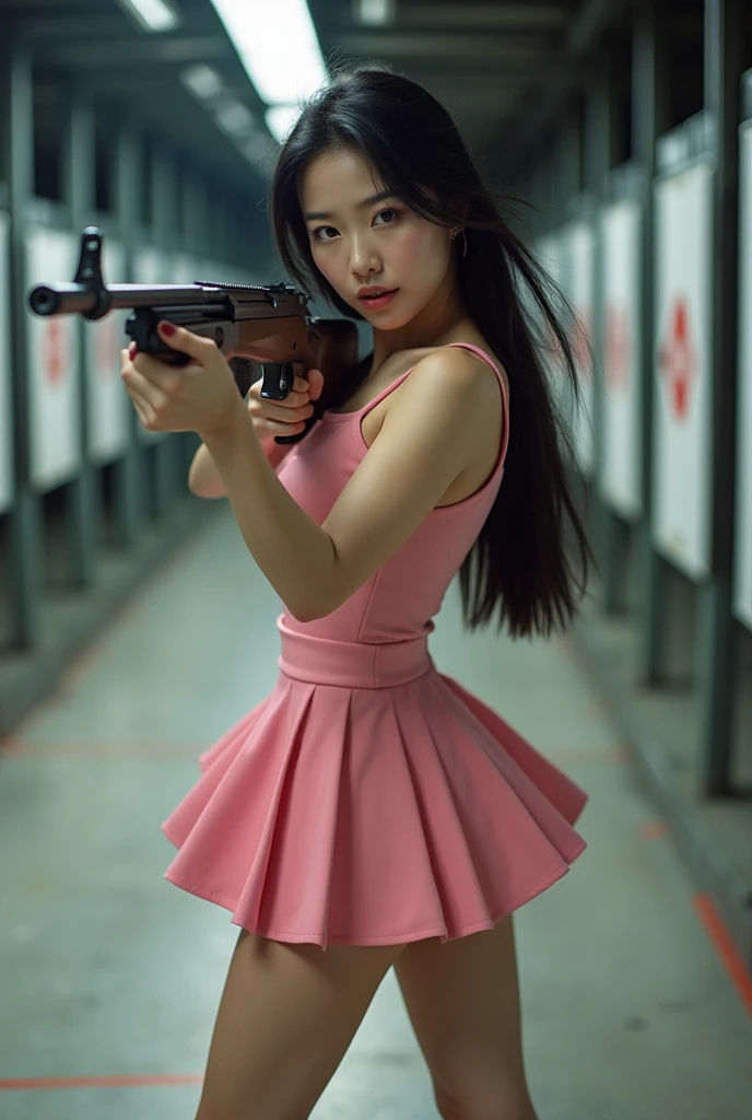 beautiful chinese office lady in pink mini skirt holding rifle aiming with legs spread shooting range target