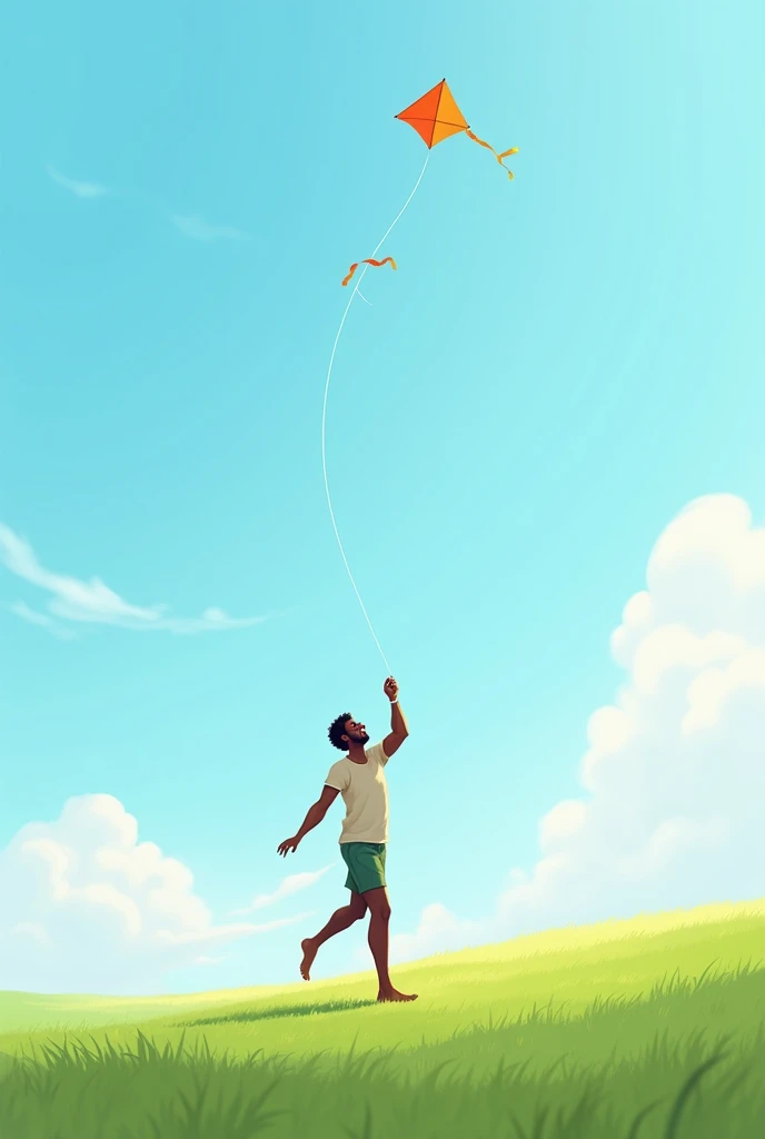  black man flying a kite barefoot shorts and shirt