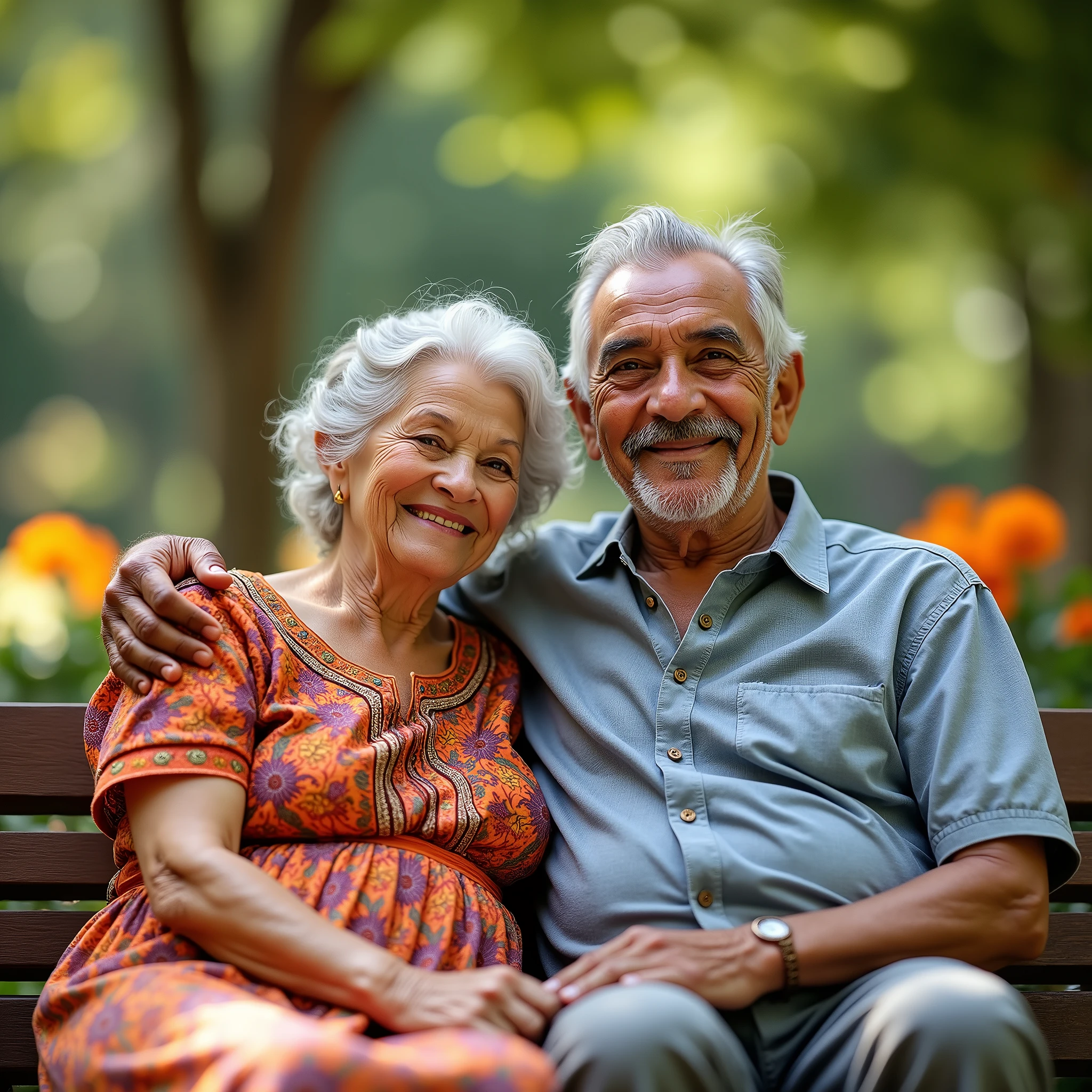Two elderly Latin people, a woman and a man together looking at the camera with happy faces, deep wrinkles and bright eyes, well-combed gray hair, colorful traditional clothes, sitting on a wooden bench in a sunny park, leafy trees and brightly colored flowers in the background, atmosphere of warmth and lasting love, peace and satisfaction in their expressions, Photography, Sony Alpha A1 camera with 85mm f/1.4 lens, shallow depth of field, --ar 16:9 --v 5