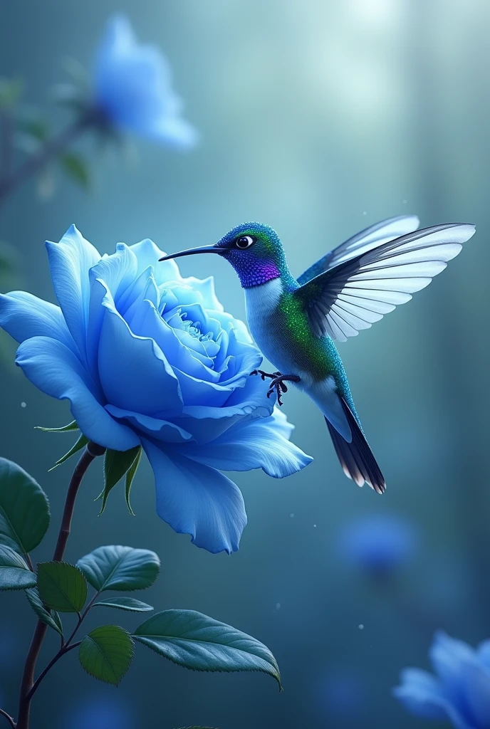 Hummingbird on blue rose
