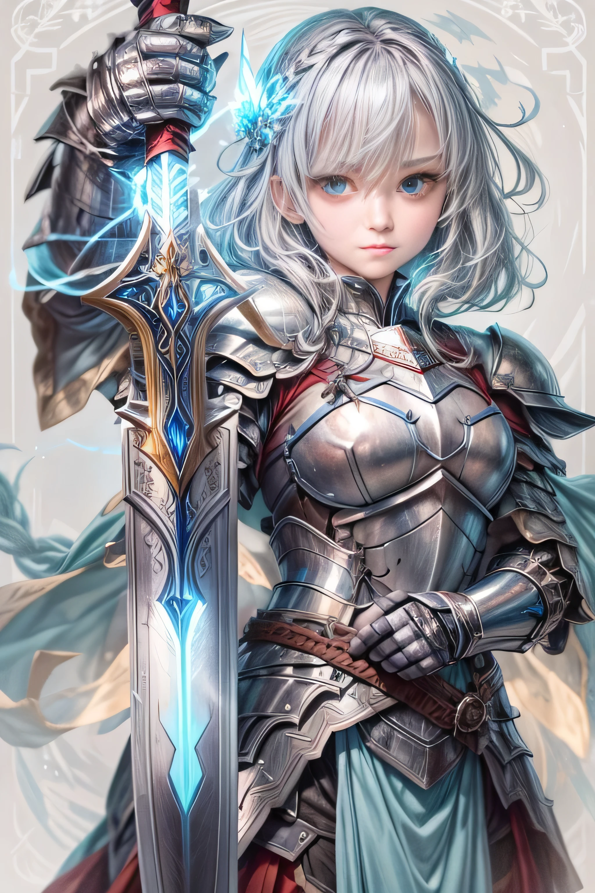 A female knight recognized by the legendary holy sword Excalibur、With the protection of the spirit of light, it emits an aura of light.、8k.Half Russian and half Japanese、Russian face、beautiful girl、A princess with the title of Dragon Slayer、、Small face、Young face、Big eyes、Skinny、Small breasts、(((Silver Hair、Silver Hair)))、With bangs、(((High resolution big beautiful light blue glowing eyes, )))、Shortcuts、Bobcut、(((Red ribbon in hair、Floral decoration)))、Partially braided、Transforms into an armored knight at the call of the holy sword Excalibur.、Large sword、A holy sword that emits a pale blue light、((god々He holds up his sword, shining a deep blue, to the sky.))、god々A sword that shines brilliantly、Magic Sword Light Shield、Armor of Light、fantasy landscape、Fantasy、(Battle with the Dark Knight、Fighting the Demons、Fighting the beastmen)A dragon knight riding a flying dragon through the sky、The sword swings down, leaving a trail of light in its wake.