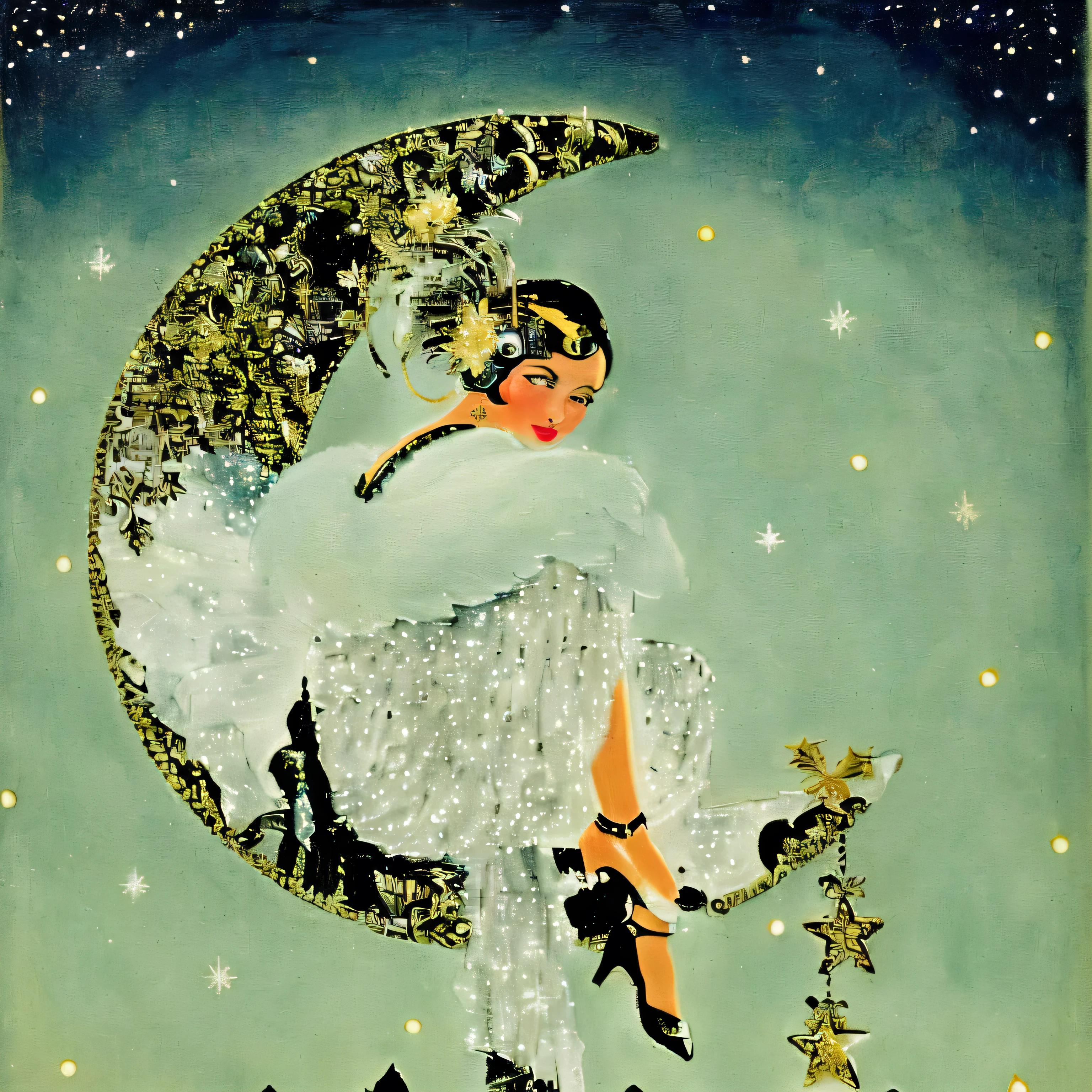 a close up of a woman sitting on a crescent with a christmas tree, themed on the stars and moon, christmas night, sitting on a moon, erte, by John Moonan, sous la pleine lune, like rolf armstrong style, inspired by Ida Rentoul Outhwaite, ✨🕌🌙, femme, kiki, illustration!, art deco painting