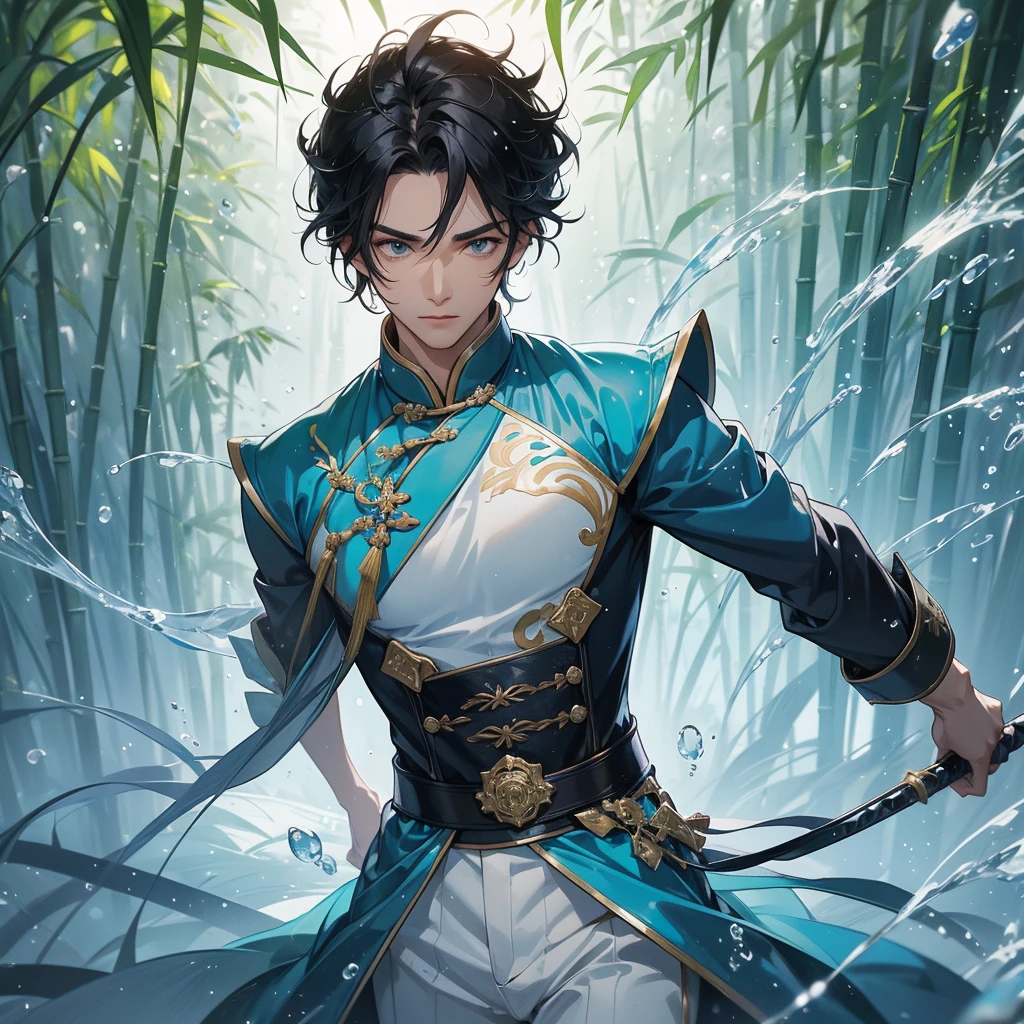 A Handsome black-hair male holding a large sword in an blue-white ancient chinese costume, close up.
The back is a lush green bamboo forest. The air after rain has water droplets splashing around.