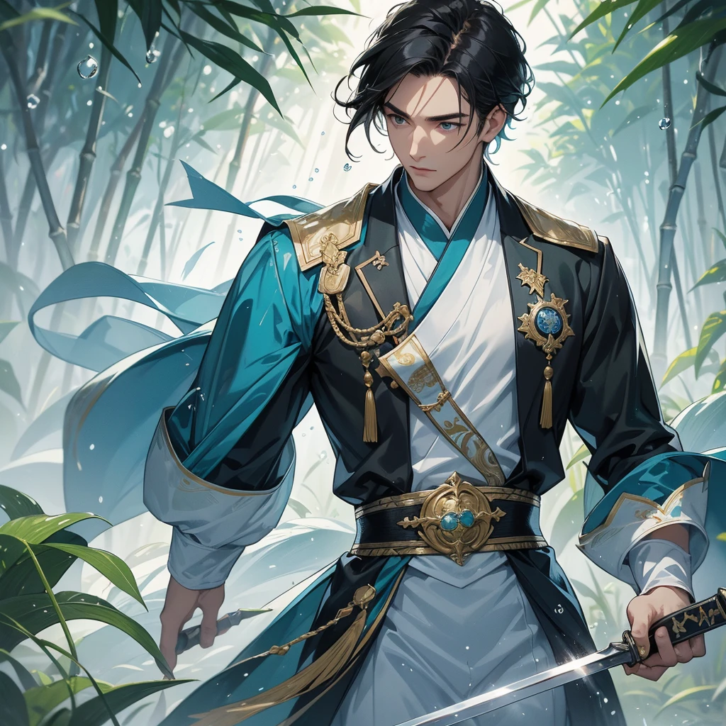 A Handsome black-hair male holding a large sword in an blue-white ancient chinese costume, close up.
The back is a lush green bamboo forest. The air after rain has water droplets splashing around.