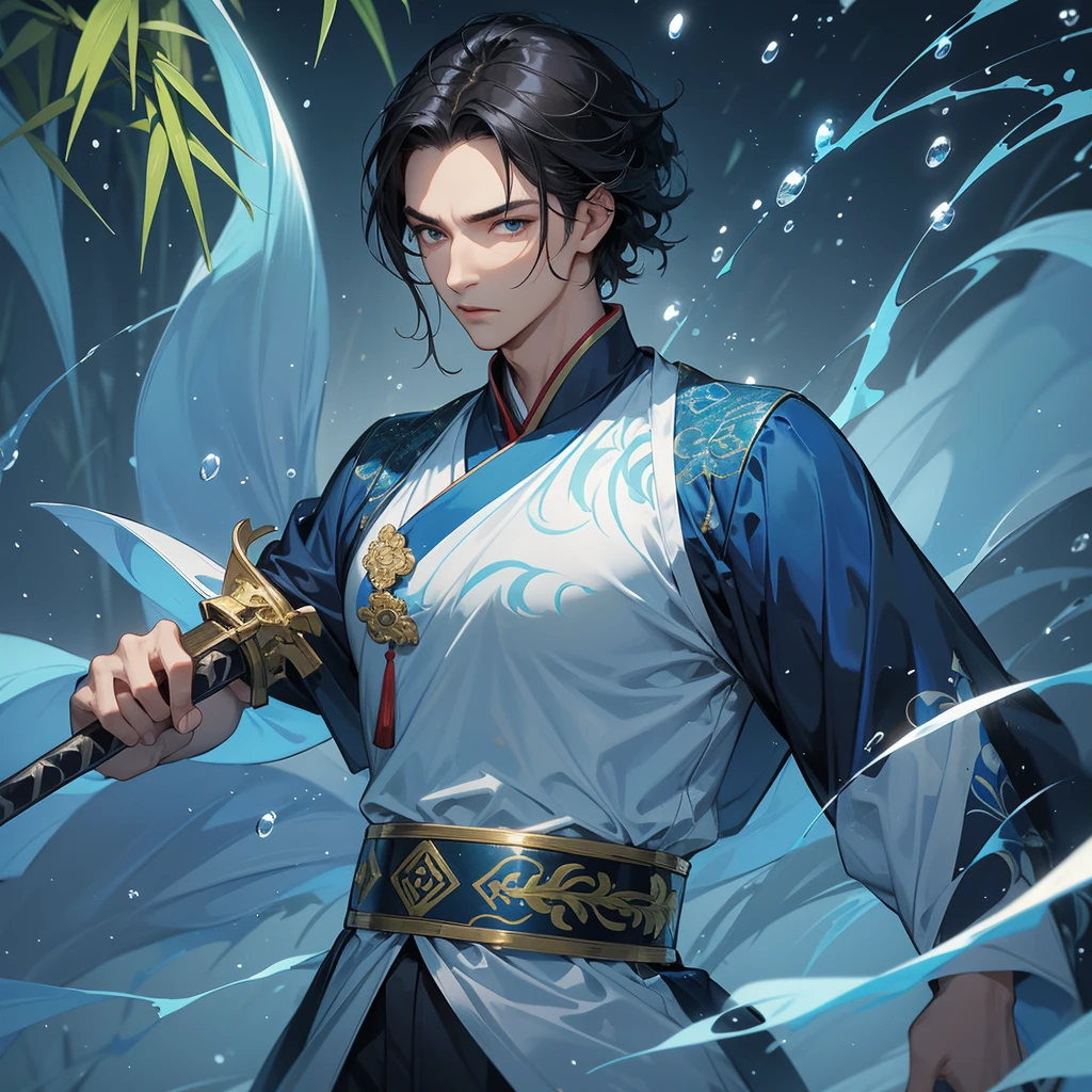 A Handsome black-hair male holding a large sword in an blue-white ancient chinese costume, close up.
The back is a lush green bamboo forest. The air after rain has water droplets splashing around.