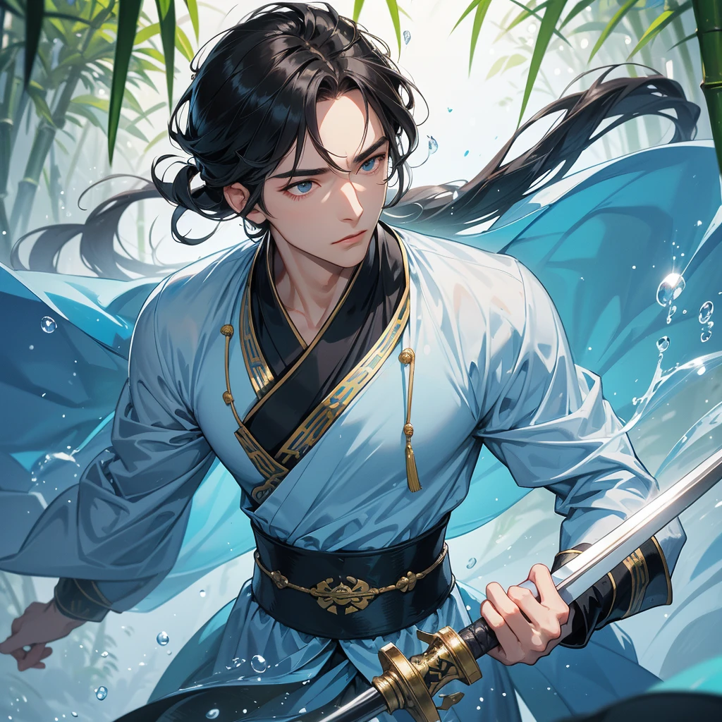 A Handsome black-hair male holding a large sword in an blue-white ancient chinese costume, close up.
The back is a lush green bamboo forest. The air after rain has water droplets splashing around.