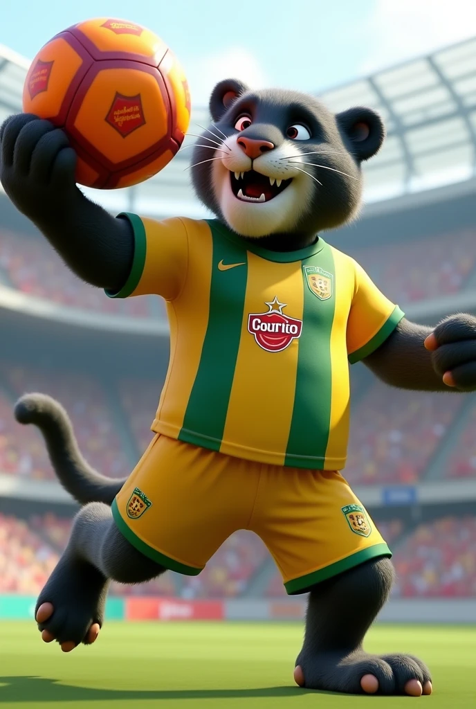 Create an image of a jaguar in 3D animation, This jaguar must be playing a soccer game, You have to have a happy face, must have the Atlético Bucaramanga uniform, the shirt is yellow, with three green lines running vertically and a jaguar in the middle of the shirt, The shorts are yellow and have green edges on the right side and have a jaguar., The ball must be orange and red and must say churfruits, The Jaguar must be lifting the ball, The jaguar should be large and somewhat muscular and has to have masculine features. 