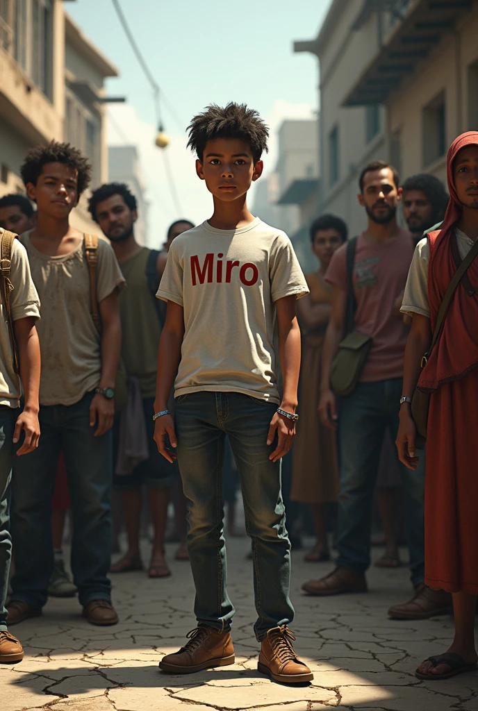 Make me a picture that shows a young man wearing a shirt with miro written on it while in a group of poor people